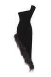 Raisa & Vanessa  Black Velvet Asymmetrical Midi Dress With Feather Details