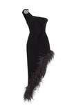 Raisa & Vanessa  Black Velvet Asymmetrical Midi Dress With Feather Details
