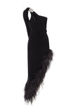 Raisa & Vanessa  Black Velvet Asymmetrical Midi Dress With Feather Details