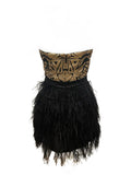 Guess by Marciano Bronwyn Corset feather strim strapless mini dress in black and gold
