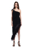 Raisa & Vanessa  Black Velvet Asymmetrical Midi Dress With Feather Details
