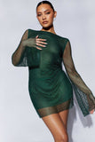 Meshki Samira Flare sleeve emerald diamante mesh mini dress