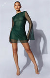 Meshki Samira Flare sleeve emerald diamante mesh mini dress