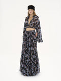 Chloe black floral silk ruffle skirt and blouse set