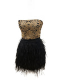 Guess by Marciano Bronwyn Corset feather strim strapless mini dress in black and gold