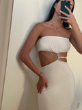 MESHKI waist cut out white long dress