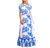 Luisa Beccaria white and blue off shoulder maxi dress