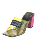 Versace Yellow PVC Logo Square Toe Block Heel Slide Sandals