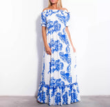 Luisa Beccaria white and blue off shoulder maxi dress