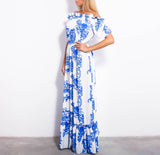 Luisa Beccaria white and blue off shoulder maxi dress