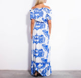 Luisa Beccaria white and blue off shoulder maxi dress