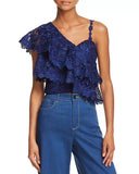 Alice + Olivia Blue Saba One Shoulder Ruffled Lace Top