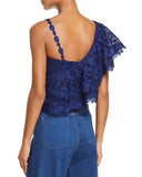 Alice + Olivia Blue Saba One Shoulder Ruffled Lace Top