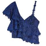 Alice + Olivia Blue Saba One Shoulder Ruffled Lace Top